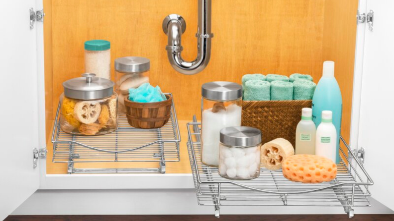 A cabinet under a sink.