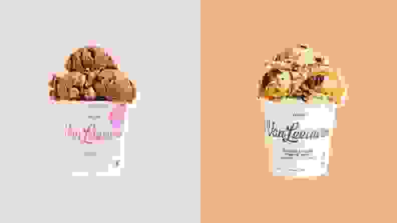 Two side-by-side shots of Van Leeuwen vegan ice cream, with scoops visible from the pint, on an orange background