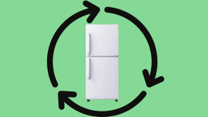 A white refrigerator sits inside a circle of arrows representing a lifecycle, all on a green background
