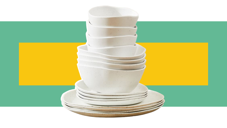 The West Elm Organic Stone Melamine Dinnerware in front of the background.