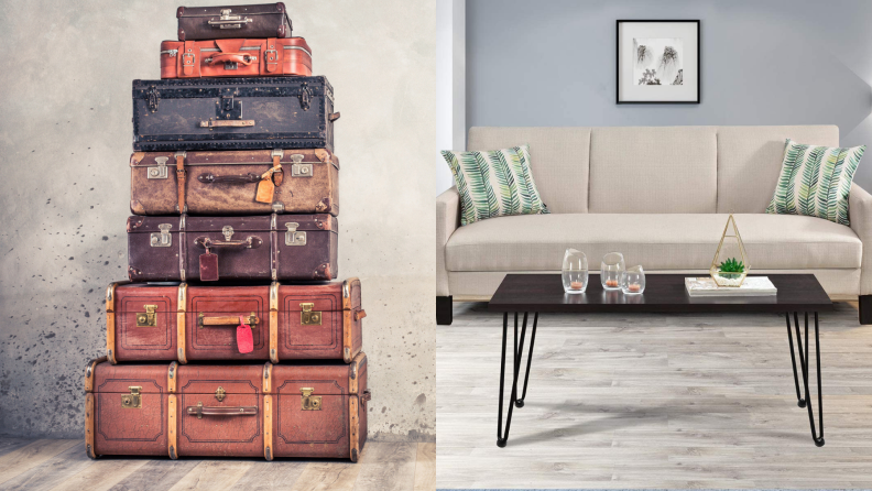 On left, seven vintage trunks stacked on top of each other. On right, coffee table with hairpin legs in modern styled living room.