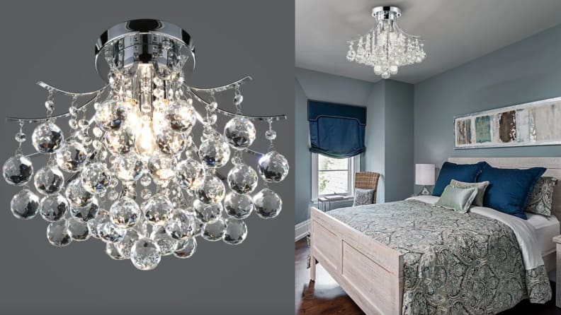 On left, diamond chandelier hanging from ceiling. On right, crystal chandelier hanging from ceiling in bedroom.