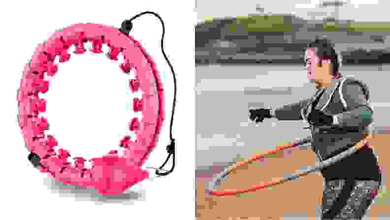 An image of a smart weighted hula hoop and a woman hula hooping on the beach.