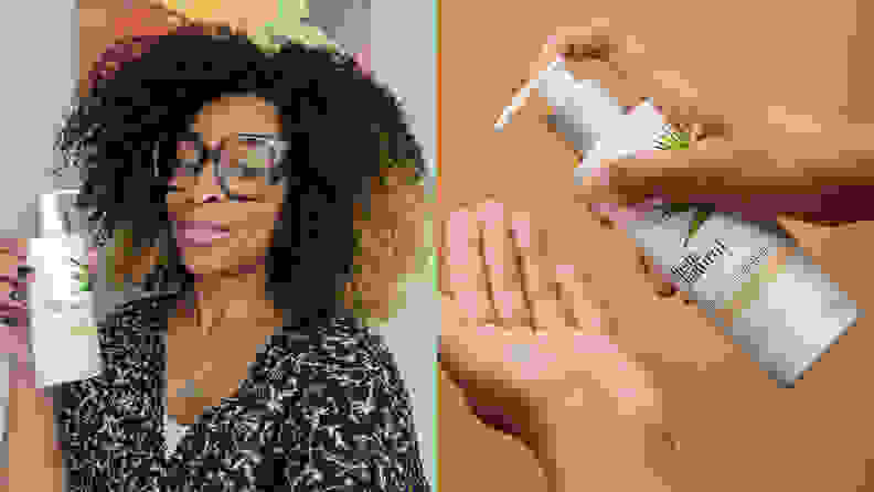 On the left: A person holds up the InstaNatural Vitamin C Cleanser and looks toward the camera. On the right: A left hand is held out and a right hand holds the InstaNatural Vitamin C Cleanser preparing to pump it into the opposite hand.