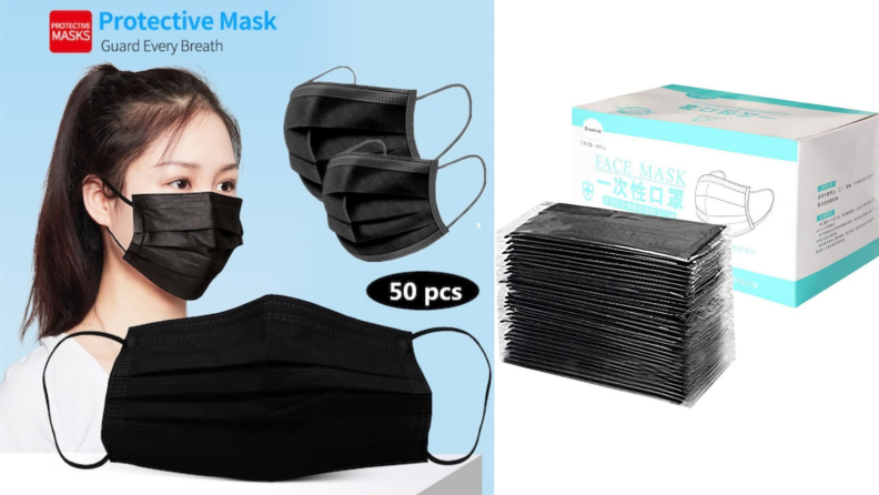 On the left, a young person sports a black protective mask; floating in front of them is a close-up of the same mask. On the right, we see a stack of the disposable face masks beside a cardboard box.