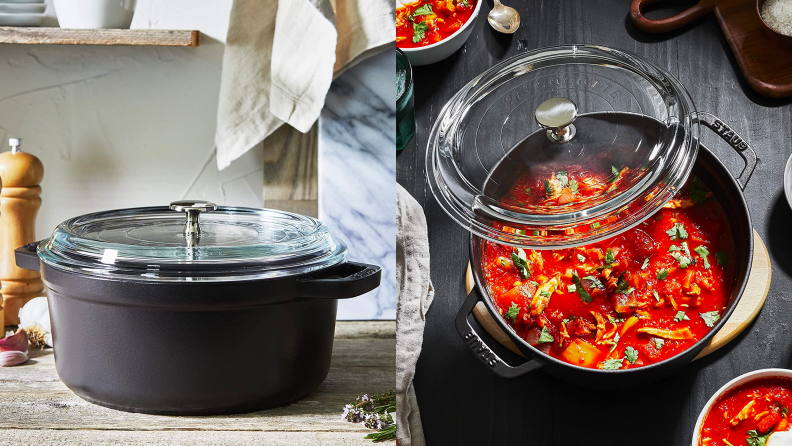 Black Staub dutch oven on cooktop with food inside.