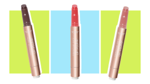 Three Tarte lip plumpers against green and blue backgrounds.