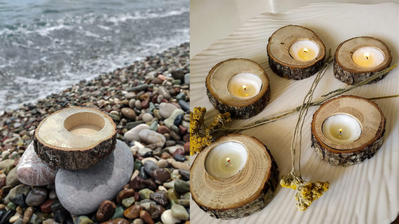 On left, wooden tea light holder at beach on top of rocks. On right, five wooden tea light candle holders next to dried flowers.
