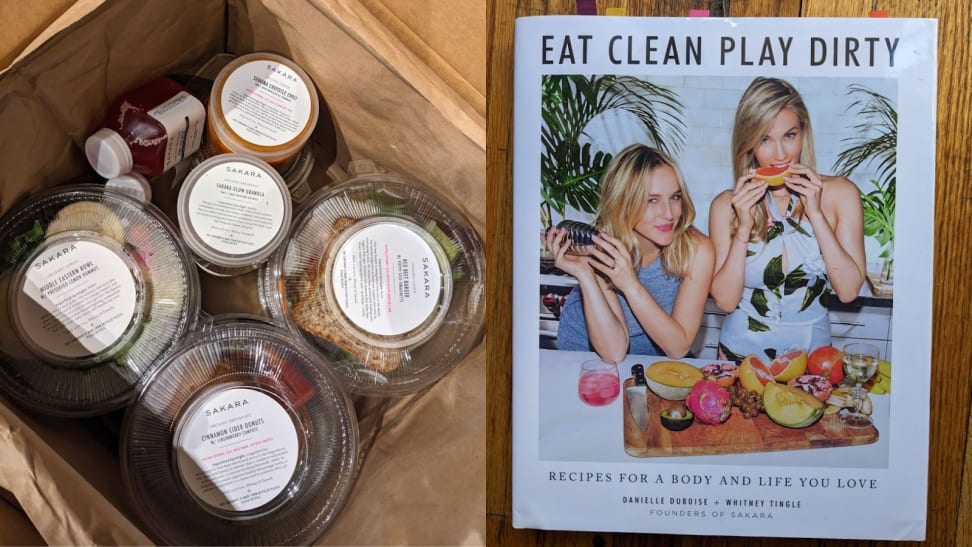 On left, individual plastic containers filled with food inside of paper bag . On right, front cover of _Eat Clean Play Dirty_ cookbook.