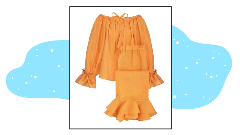 A matching coral-colored lounge set with ruffle details.