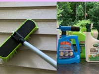 On the left, a brush scrubbing vinyl siding. On the right, a collection of vinyl siding cleaners.