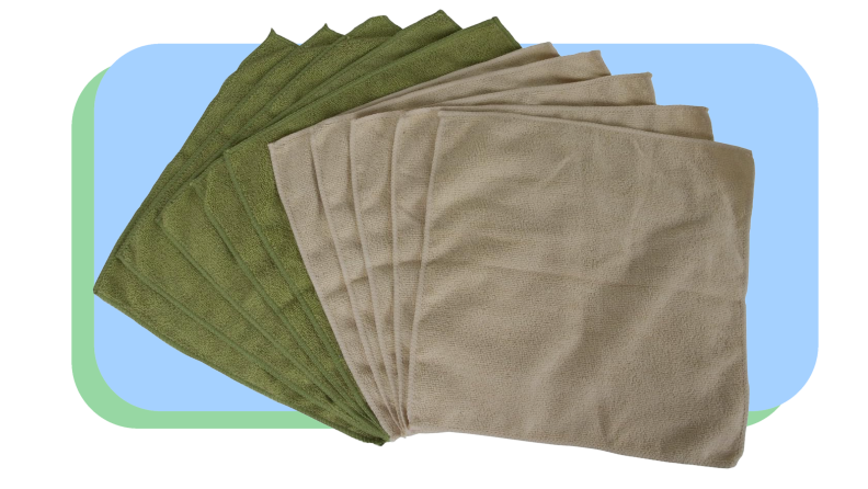 Olive green and gray microfiber cloths fanned out on top of each other.