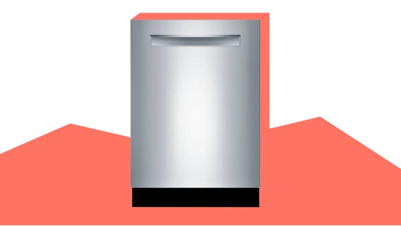 A Bosch dishwasher sits on a red and white background