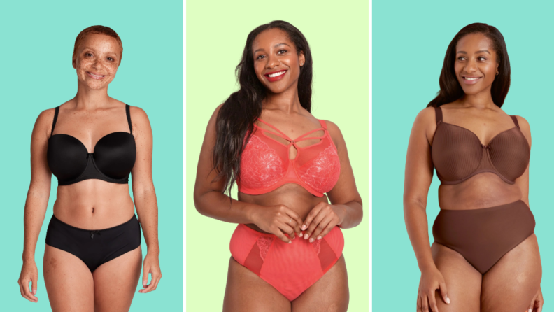 Three bras collaged against a colorful background, all seen on models: The first is a matching black set, then a coral-colored matching lace set, and then a brown matching set.