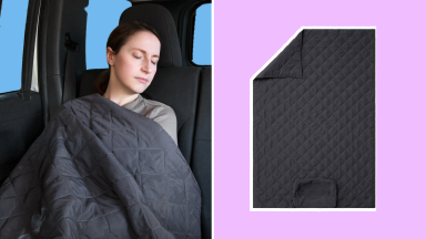 On left, person sleeping under the Tuft & Needle Travel Anywhere Blanket in the car while travelling. On right, product shot of the Tuft & Needle Travel Anywhere Blanket.