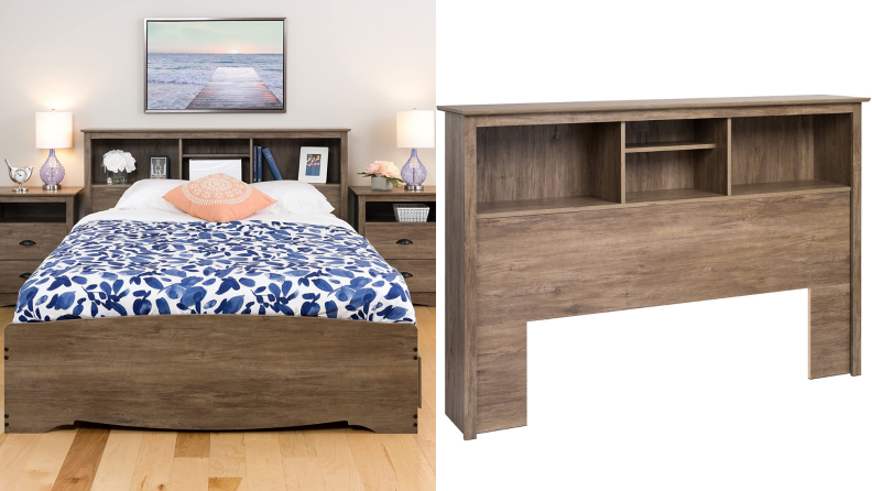 On left, wooden bookcase headboard wrapped around bed in bedroom. On left, wooden bookcase headboard.