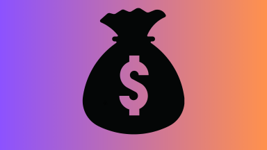 A large black money bag graphic on a orange and purple background