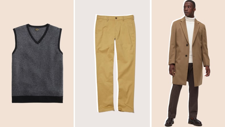 Collage of a houndstooth gray sweater vest, khaki pants, and a brown mid-length wool coat.