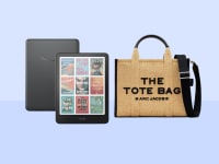 An Amazon Kindle Colorsoft and Marc Jacobs tote on an indigo background