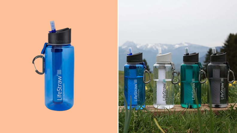 Left: Blue LifeStraw bottle on orange background. Right: 4 LifeStraw bottles lined up outside.
