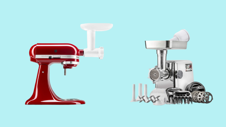 KitchenAid mixer with grinder attachment and standalone meat grinder against cyan background
