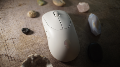The Alienware Pro Wireless Mouse surrounded by small stones.