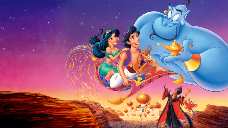 A still from 'Aladdin' featuring Jasmine and Aladdin with linked hands sitting on the flying carpet.