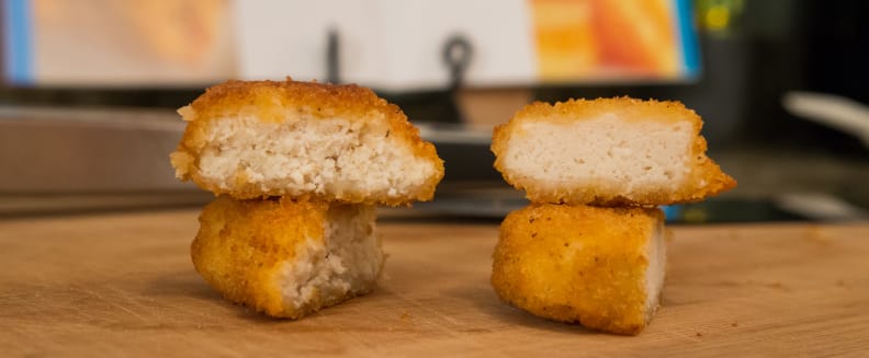 Conventional oven on the left, Airfryer on the right. You can see the nugget on the right is a little more dense, while the baked nugget on the left has more gaps where moisture and flavor live.