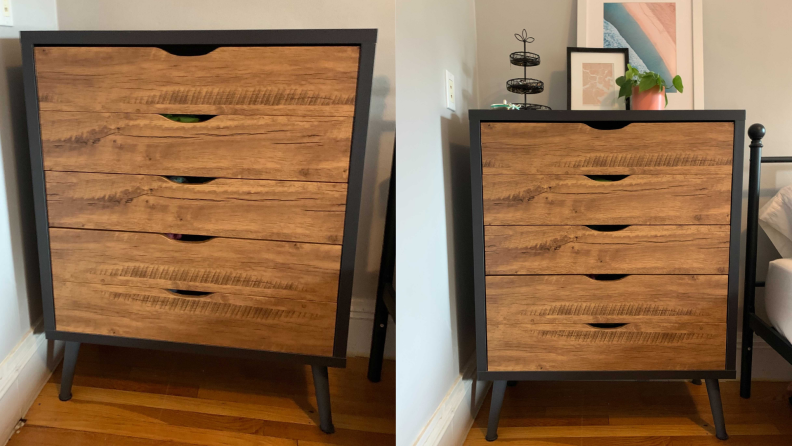 Finished product dresser, with the drawers covered in wood-textured contact paper