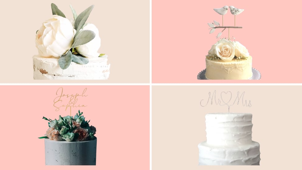 Four wedding cakes with personalized toppers