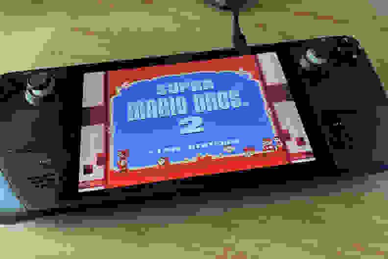 The Super Mario Bros. 2 video game start screen showing on a black handheld gaming console.
