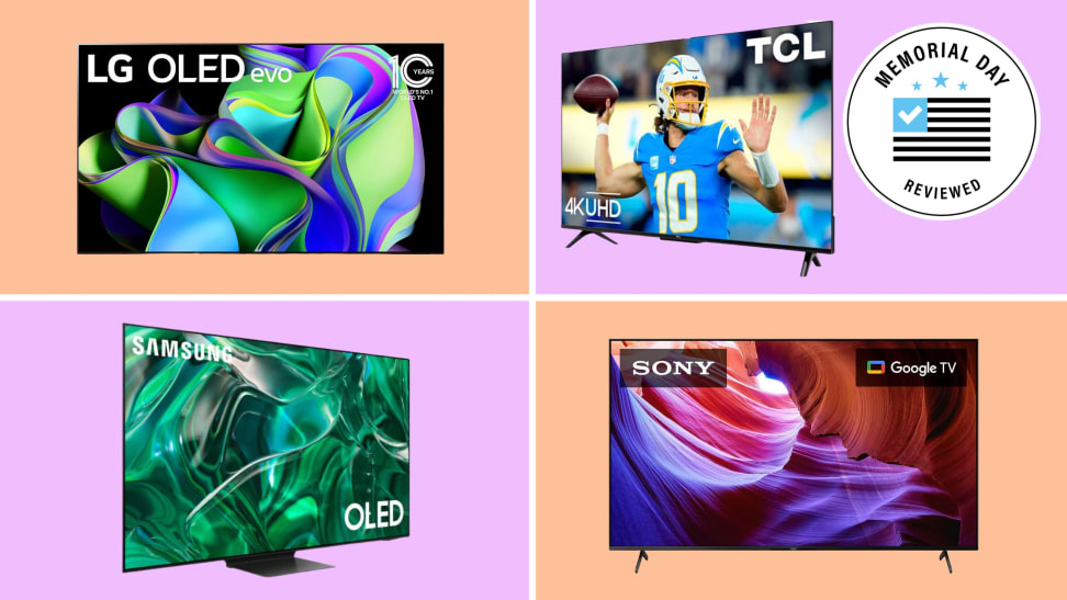 Various TVs with the Memorial Day Reviewed badge in front of colored backgrounds.