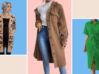 Collage of a leopard-print sweater, a brown teddy coat, and a green dress, all worn on models.