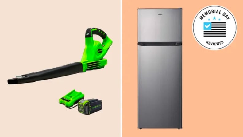 A collage showing a blower shown next to a refrigerator.