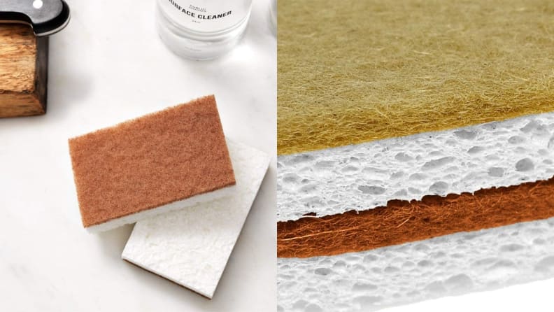 Left: Two biodegradable sponges sit on a white countertop. Right: A closeup of a stack of two biodegradable sponges.