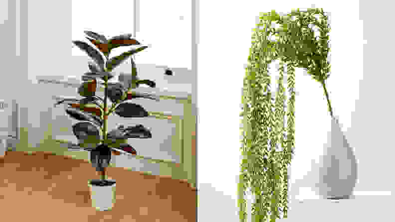 A split image of fake plants from West Elm, one of the best places to buy artificial plants.