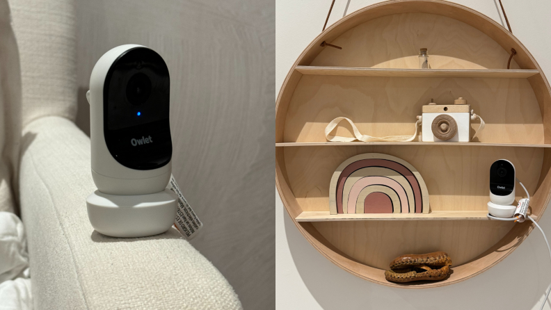 Photo collage of the Owlet Cam baby monitor on the cloth arm of a chair and the Owlet Cam on a hanging wooden shelf next to other wooden toys