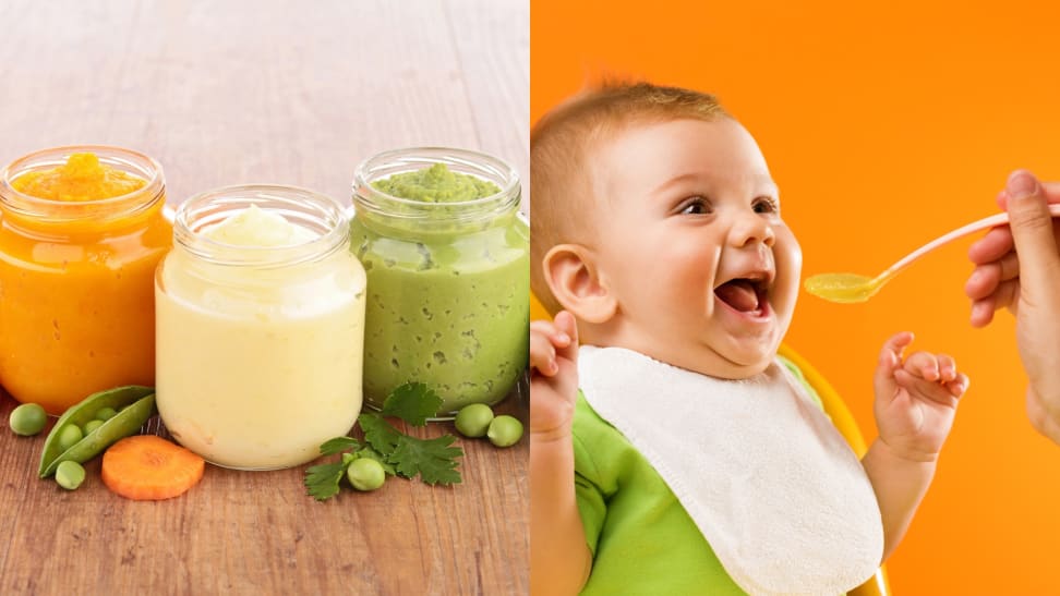 Three jars of baby food and a baby excitedly being spoon-fed.