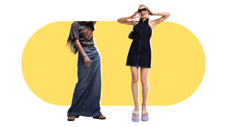 Models wearing a denim maxi skirt and mini dress.