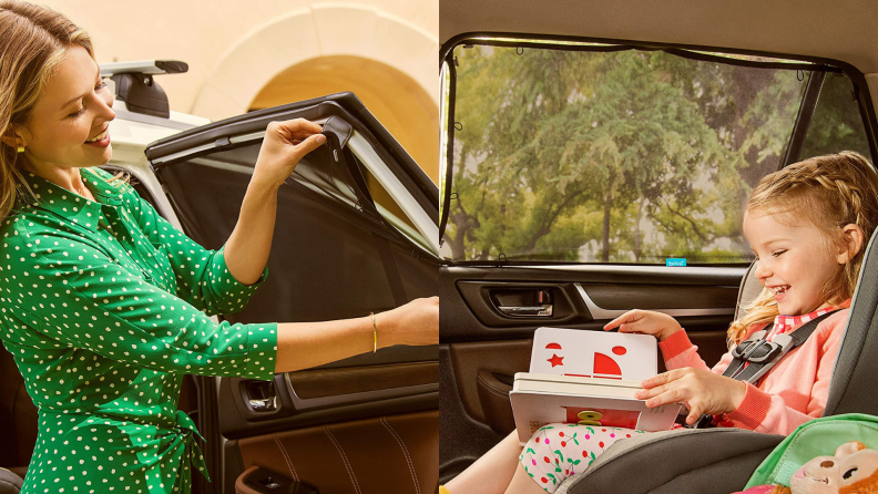 A mother puts up a shade for her young passenger.