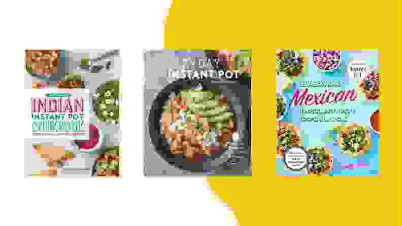Three Instant Pot cookbooks on a colorful yellow background.