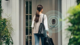 A woman stands at a contemporary front door as a wireless keypad highlights the Aqara smart lock, emphasizing hands-free, smart home entry.