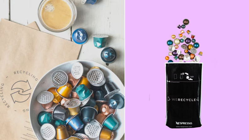 Left: A bowl full of colorful used Nespresso pods on a counter on top of a bag with a recycling stamp on it. Right: A black recycling bag on a purple background with Nespresso capsules pouring into it.