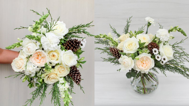 On left, bouquet of white rose with brown pinecones.