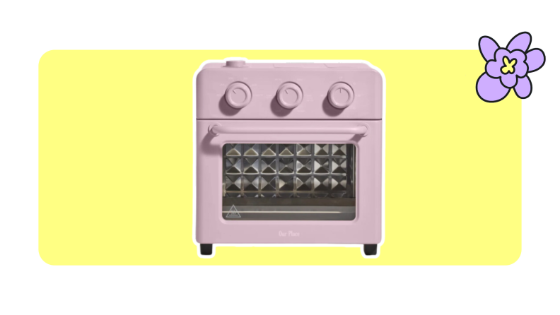 The Our Place Wonder oven in lavender on a yellow background.