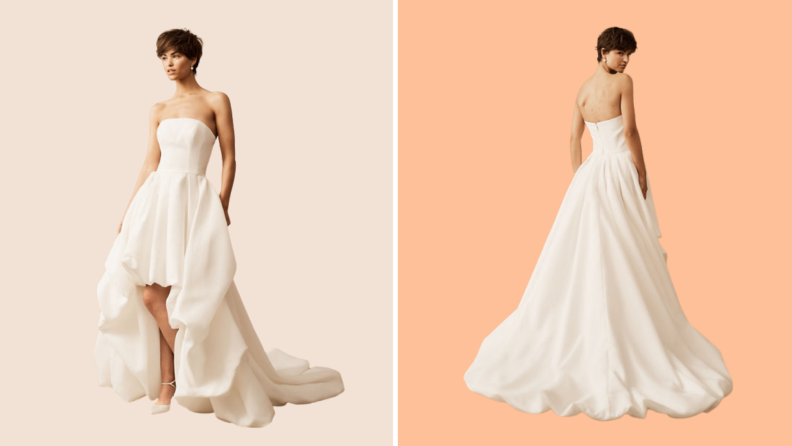 Two images of a model wearing a white wedding gown against a blush background.