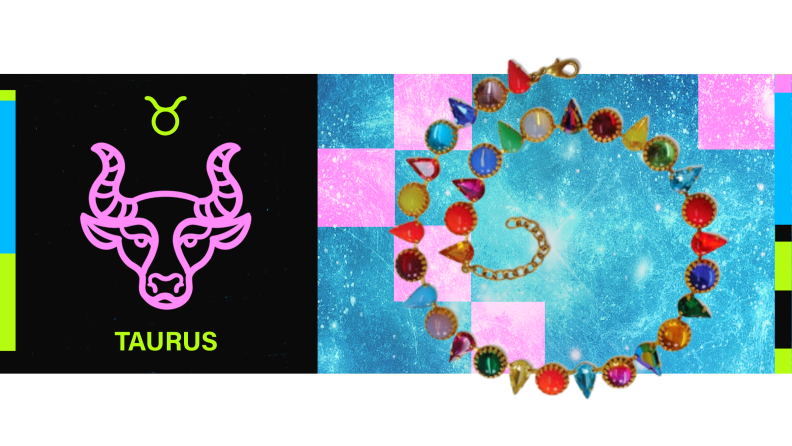 On the left is the symbol for Taurus, and on the right is a product shot of a choker with multiple colored stones.