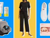A collage of products on sale at Nordstrom, including a Nuna car seat, Nike sneakers, and Supergoop! sunscreen.