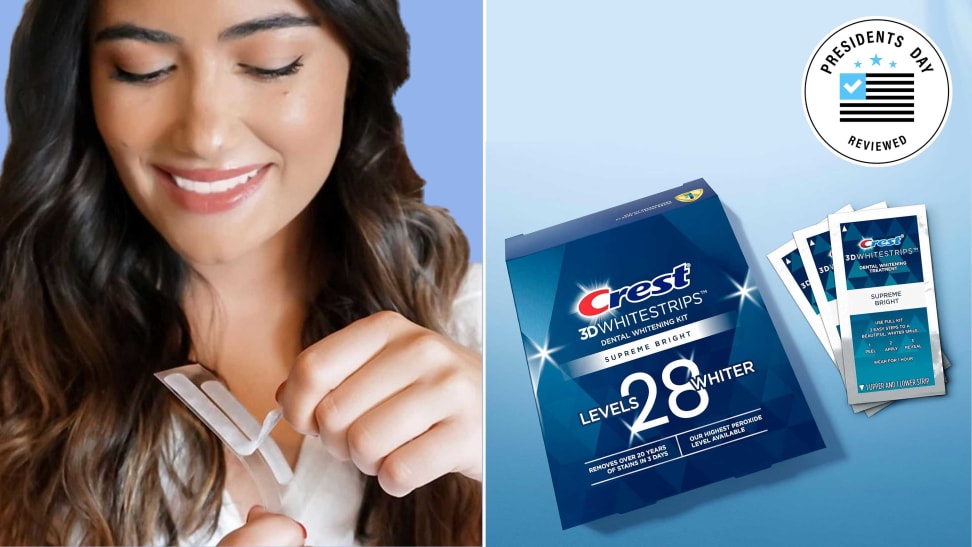 Photo collage of person smiling while peeling teeth whitening strip from plastic next to box and packets of strips.