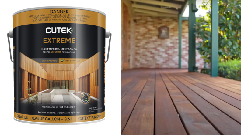 Left: A one-gallon bucket of Cutek Extreme; Right: the finished planks of a deck.